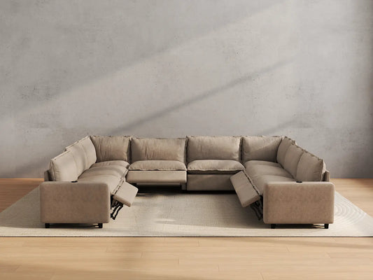 Modular Cero Reclining Sectionals | 8-Piece Khaki Linen Open Space U-Shaped Sectionals 8-Seater