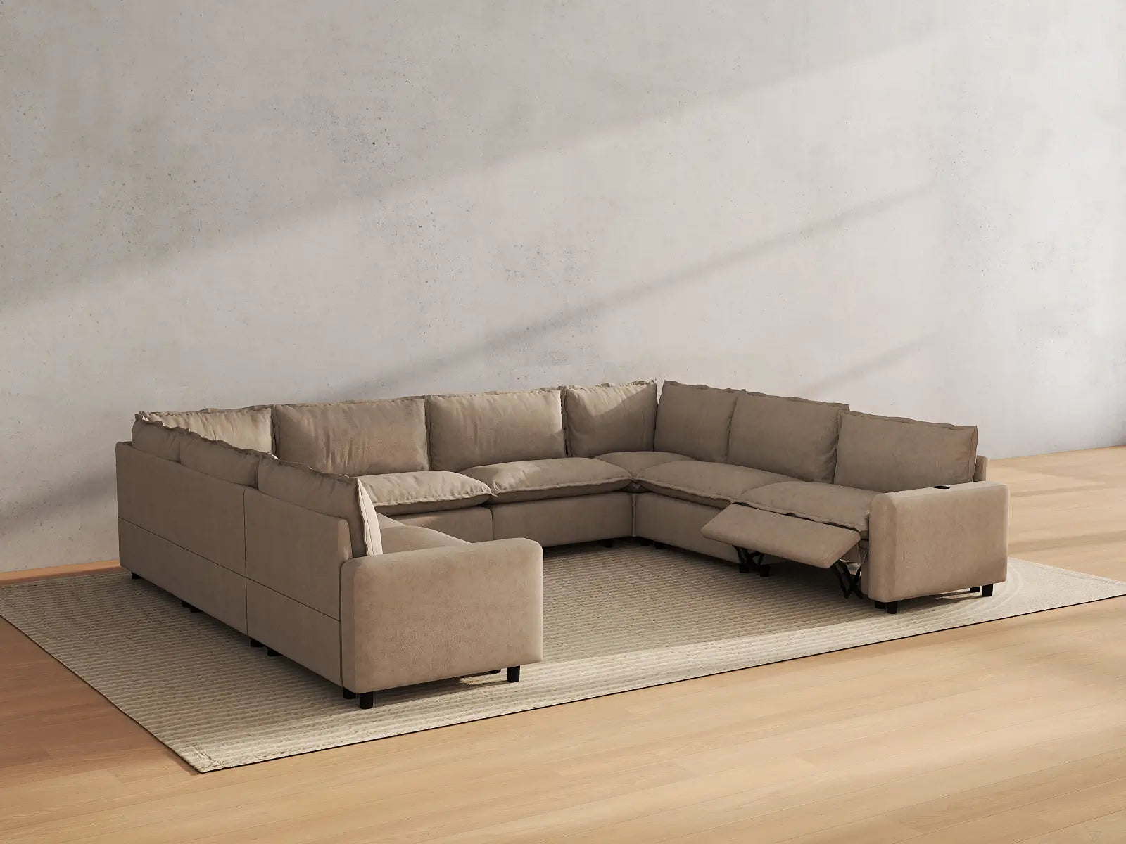 Modular Cero U Shaped Reclining Sectional | 8-Piece Khaki Linen Open Space U-Shaped Sectionals 8-Seater