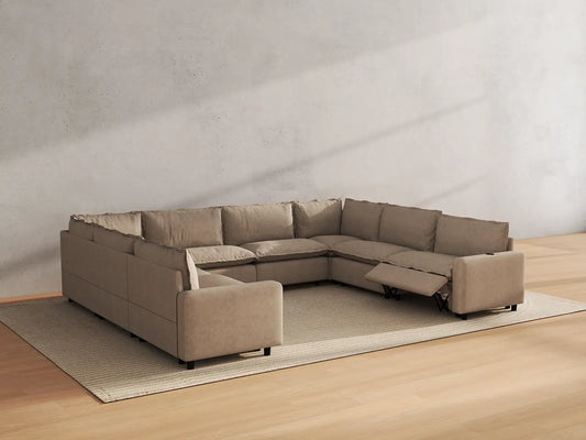 Modular Cero Reclining Sectionals | 8-Piece Khaki Linen Open Space U-Shaped Sectionals 8-Seater