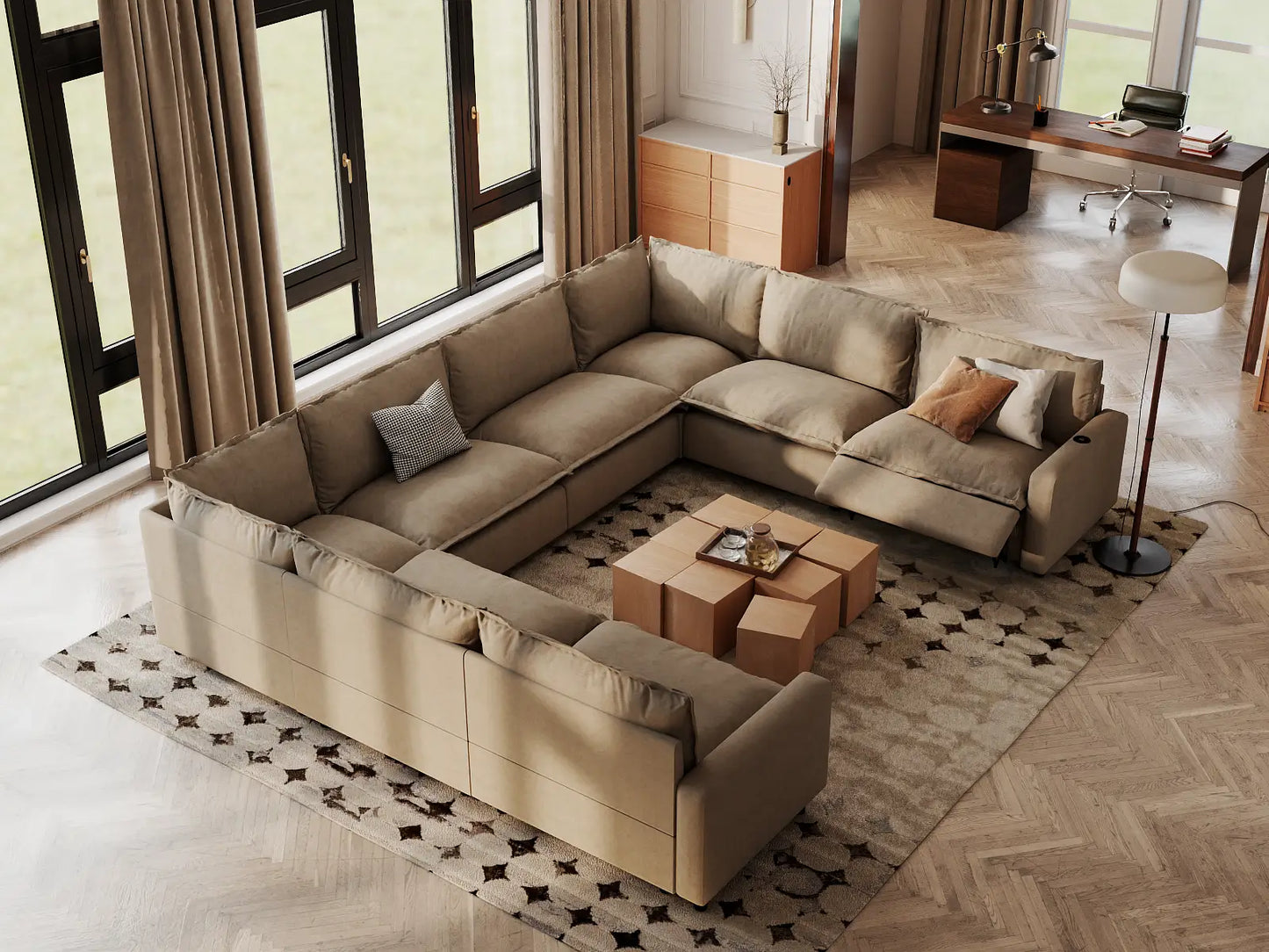 Modular Cero U Shaped Reclining Sectional | 8-Piece Khaki Linen Open Space U-Shaped Sectionals 8-Seater