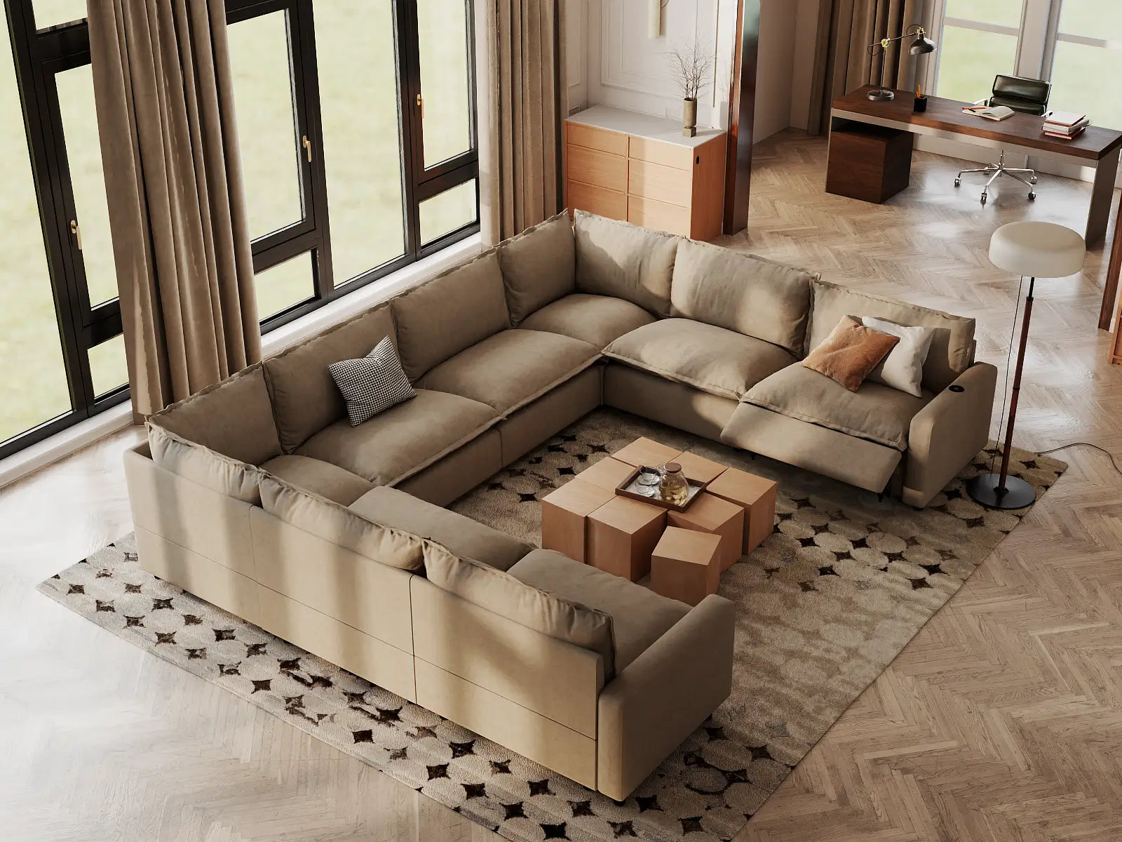 Modular Cero U Shaped Reclining Sectional | 8-Piece Khaki Linen Open Space U-Shaped Sectionals 8-Seater