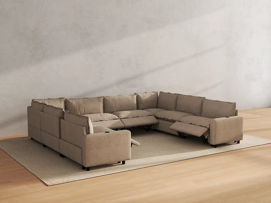 Modular Cero Reclining Sectionals | 8-Piece Khaki Linen Open Space U-Shaped Sectionals 8-Seater