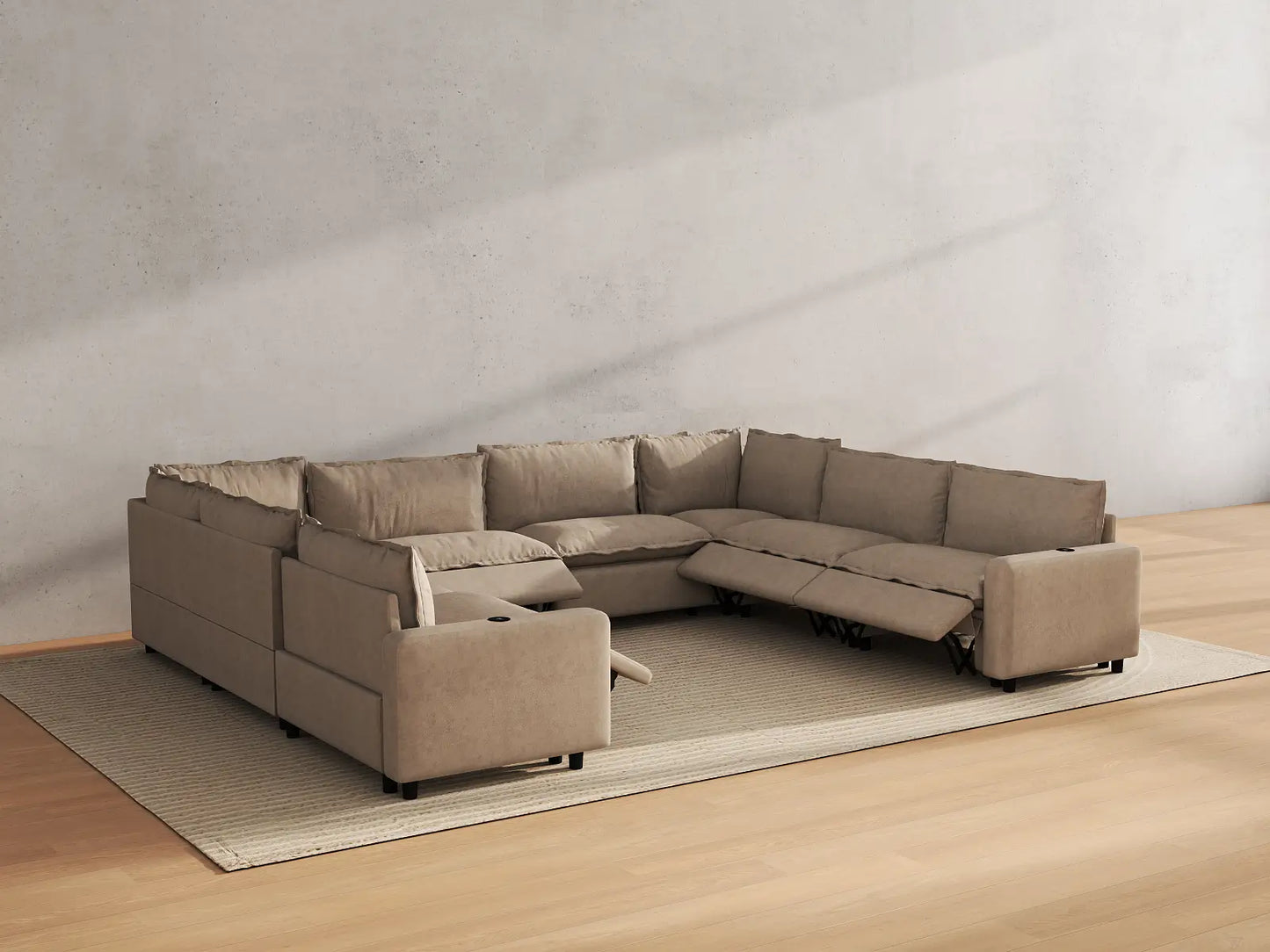 Modular Cero U Shaped Sectional Recliner | 8-Piece Khaki Linen Open Space U-Shaped Sectionals 8-Seater