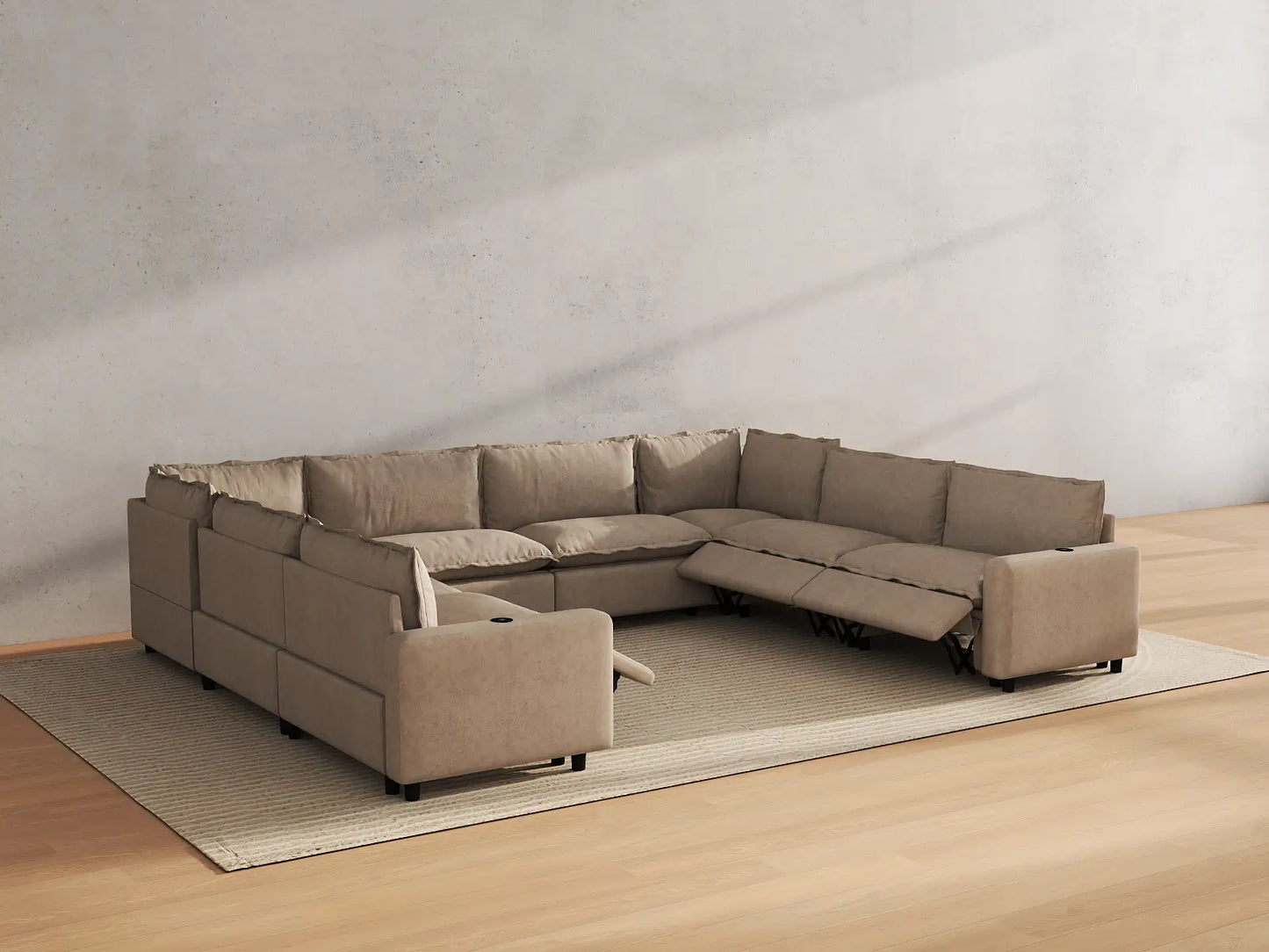 Modular Cero Reclining Sectionals | 8-Piece Khaki Linen Open Space U-Shaped Sectionals 8-Seater