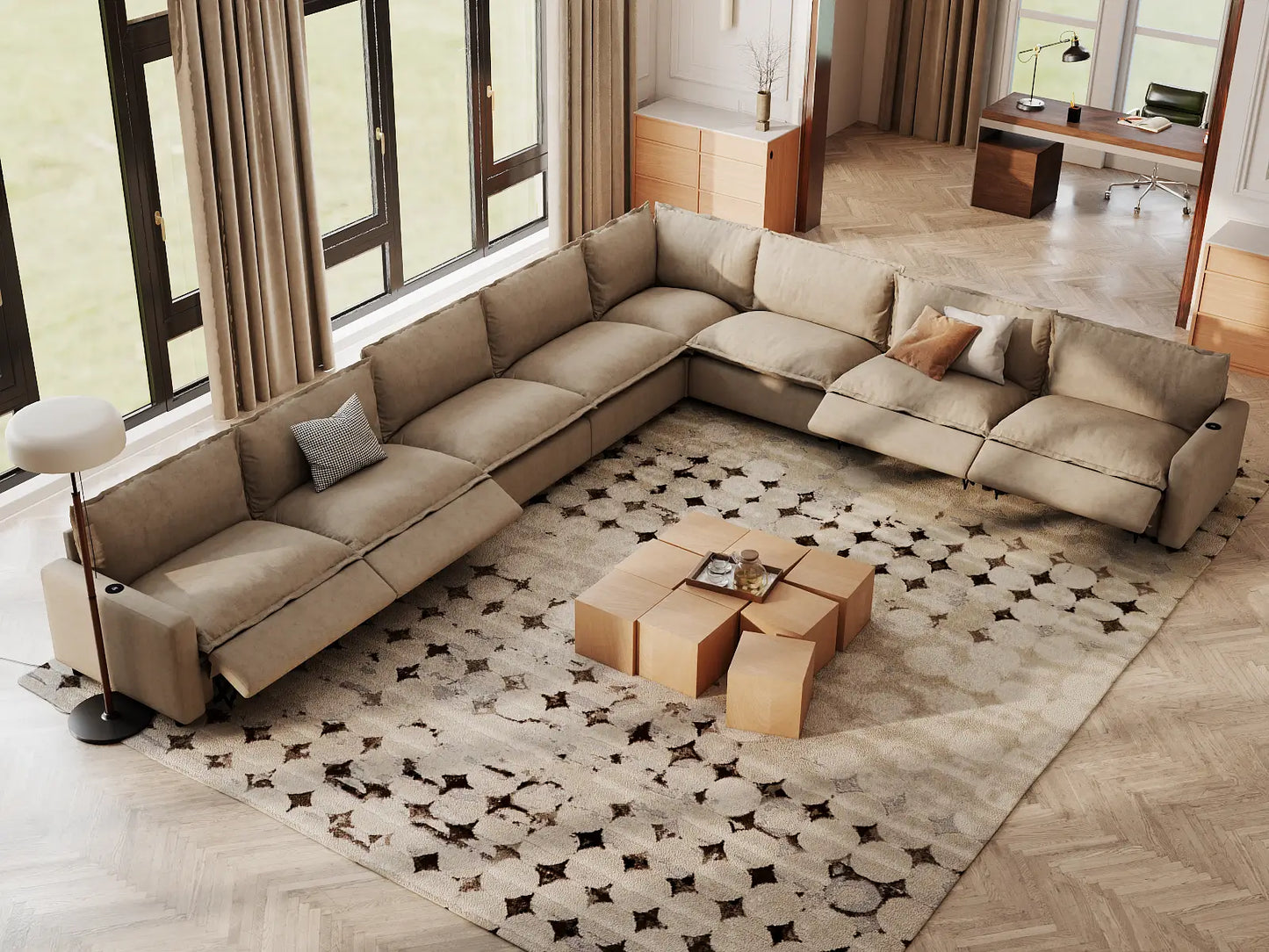 Modular Cero Reclining Sectionals | 8-Piece Khaki Linen Open Space V-Shaped Sectionals 8-Seater