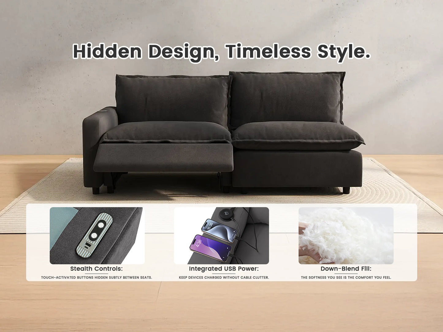 Modular Cero Recliner and Sofa Set | 8-Piece Grey Linen Open Space Sofa Sets 6-Seater with 2-Ottomans