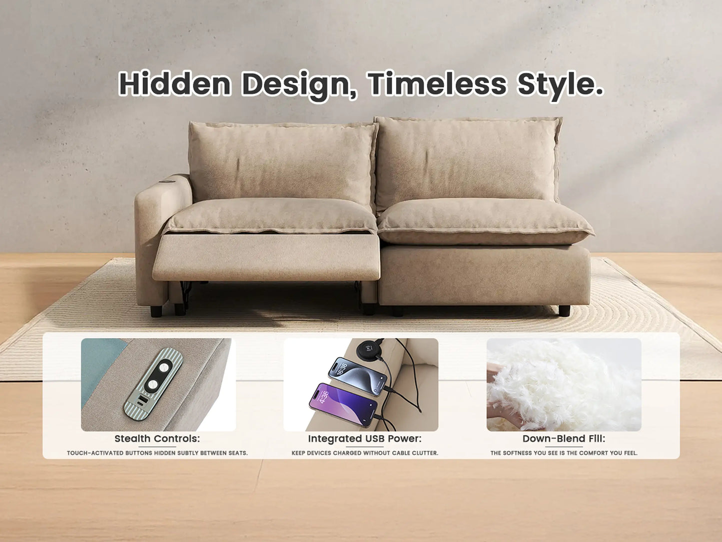 Modular Cero Sectional Couch Recliner | 3-Piece Khaki Linen Small Space Couch Sectionals 3-Seater