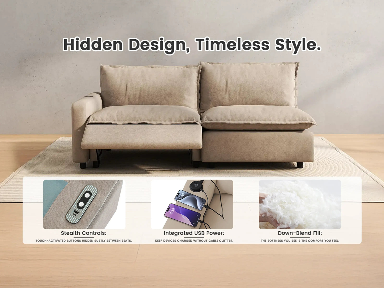Modular Cero L Shaped Sectional with Recliner | 5-Piece Khaki Linen Large Space L-Shaped Sectionals 5-Seater