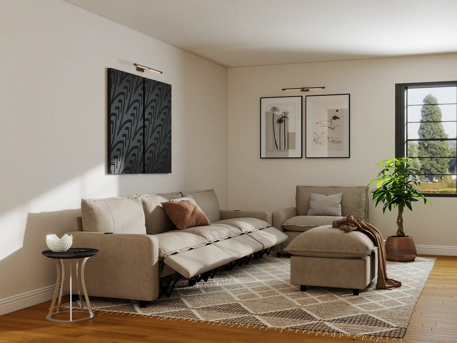 Modular Cero Recliner Sofa Set for Living Room | 5-Piece Khaki Linen Large Space Sofa Sets 4-Seater with 1-Ottoman