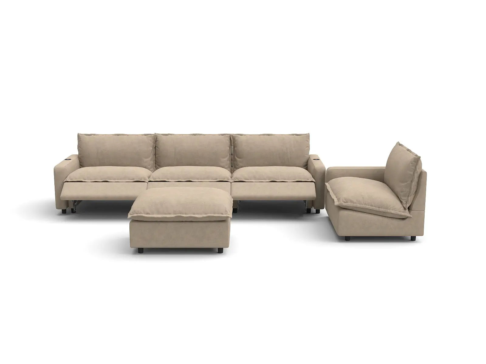 Modular Cero Recliner Sofa Set for Living Room | 5-Piece Khaki Linen Large Space Sofa Sets 4-Seater with 1-Ottoman
