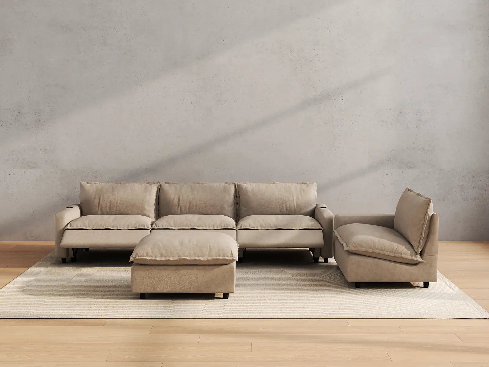 Modular Cero Recliner Sofa Set for Living Room | 5-Piece Khaki Linen Large Space Sofa Sets 4-Seater with 1-Ottoman