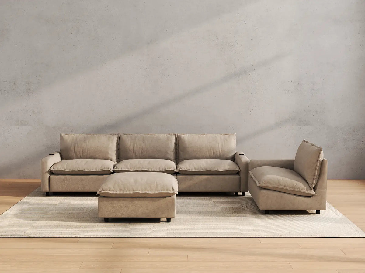 Modular Cero Reclining Sectionals | 5-Piece Khaki Linen Large Space Sofa Sets 4-Seater with 1-Ottoman