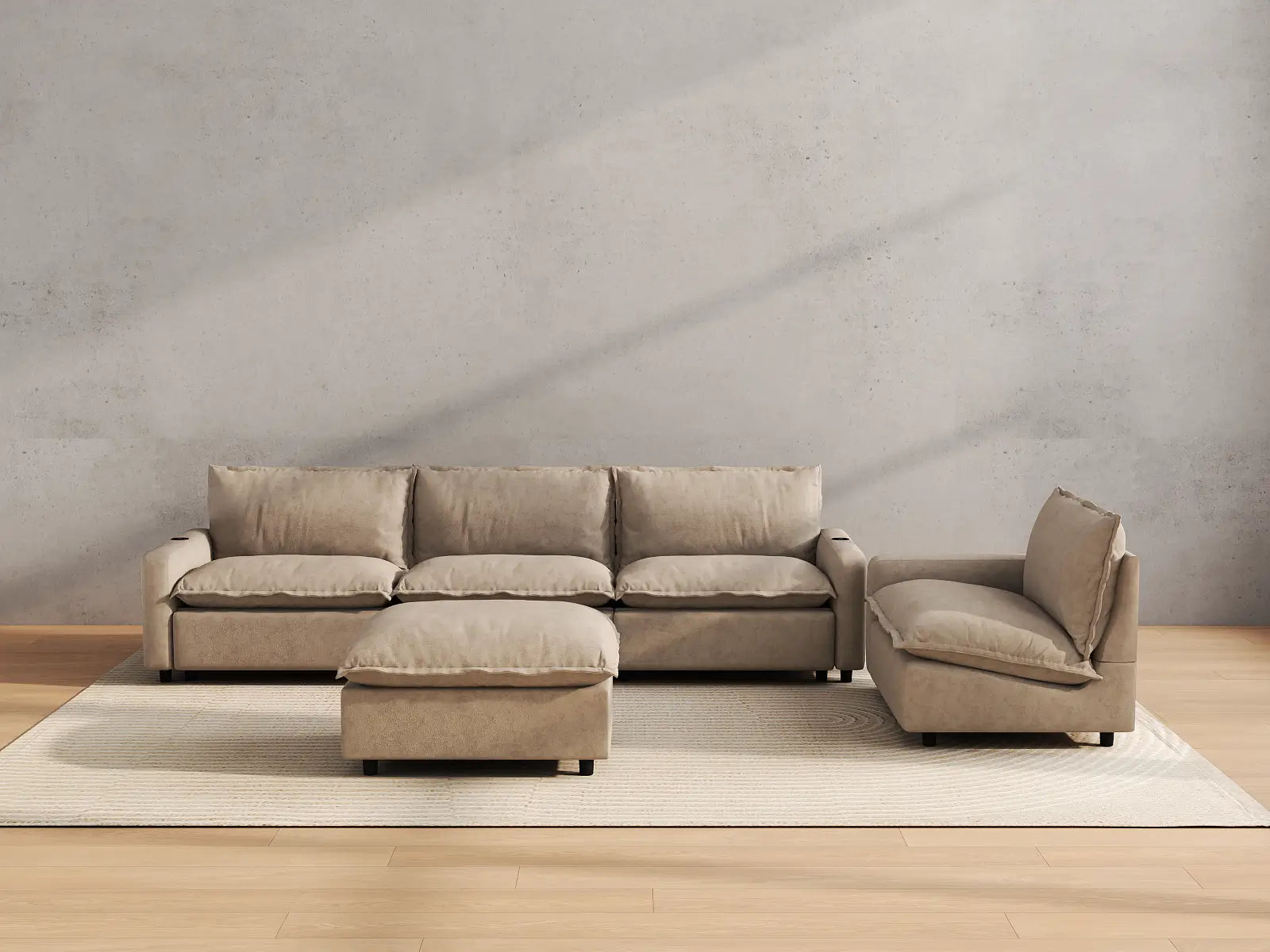 Modular Cero Recliner Sofa Set for Living Room | 5-Piece Khaki Linen Large Space Sofa Sets 4-Seater with 1-Ottoman