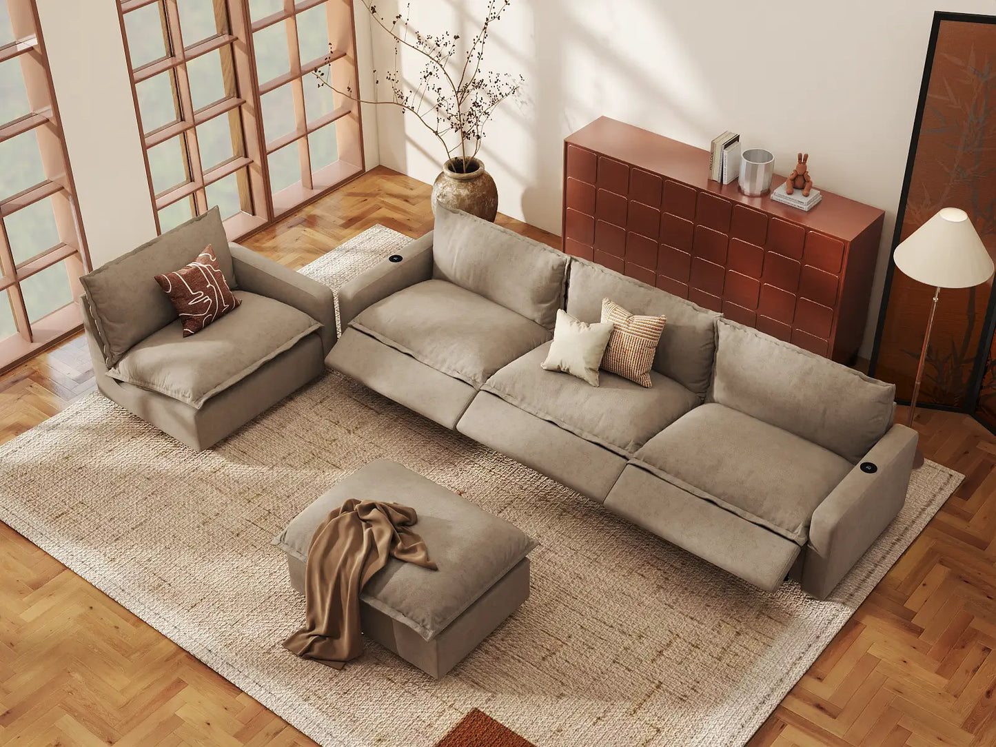 Modular Cero Reclining Sectionals | 5-Piece Khaki Linen Large Space Sofa Sets 4-Seater with 1-Ottoman