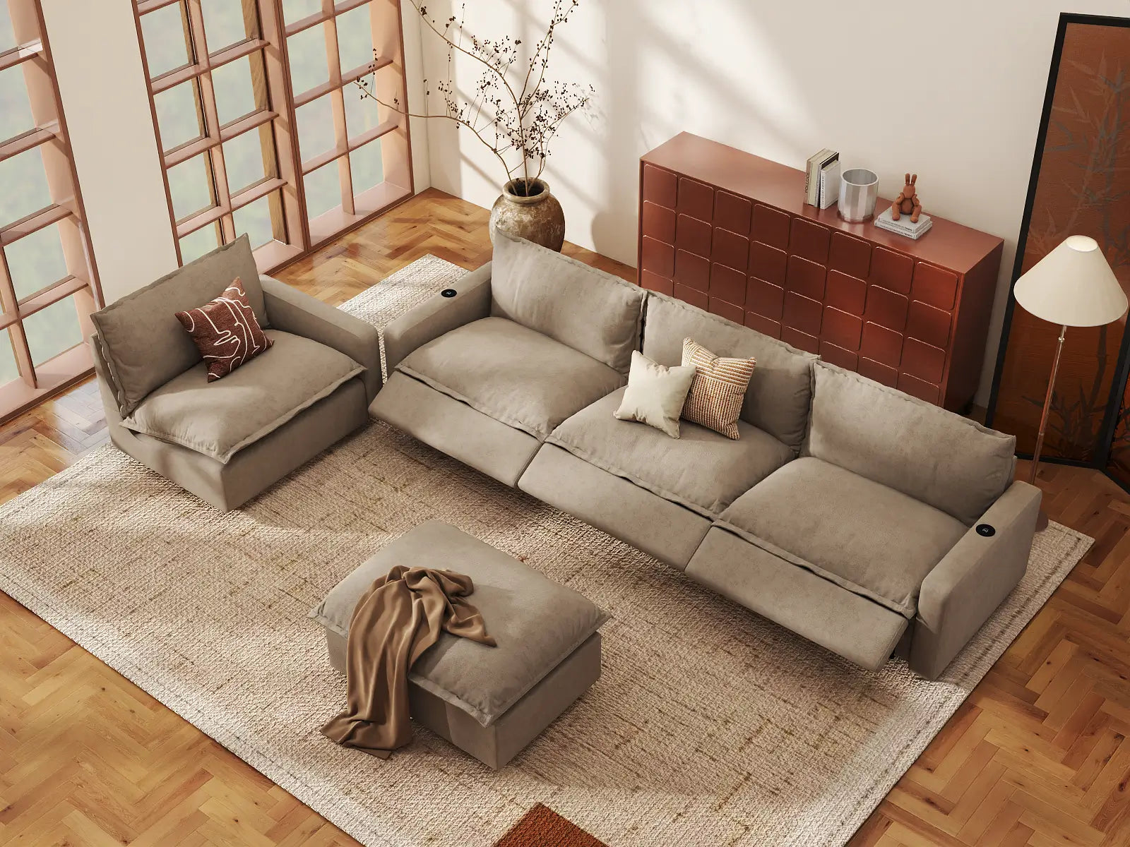 Modular Cero Recliner Sofa Set for Living Room | 5-Piece Khaki Linen Large Space Sofa Sets 4-Seater with 1-Ottoman