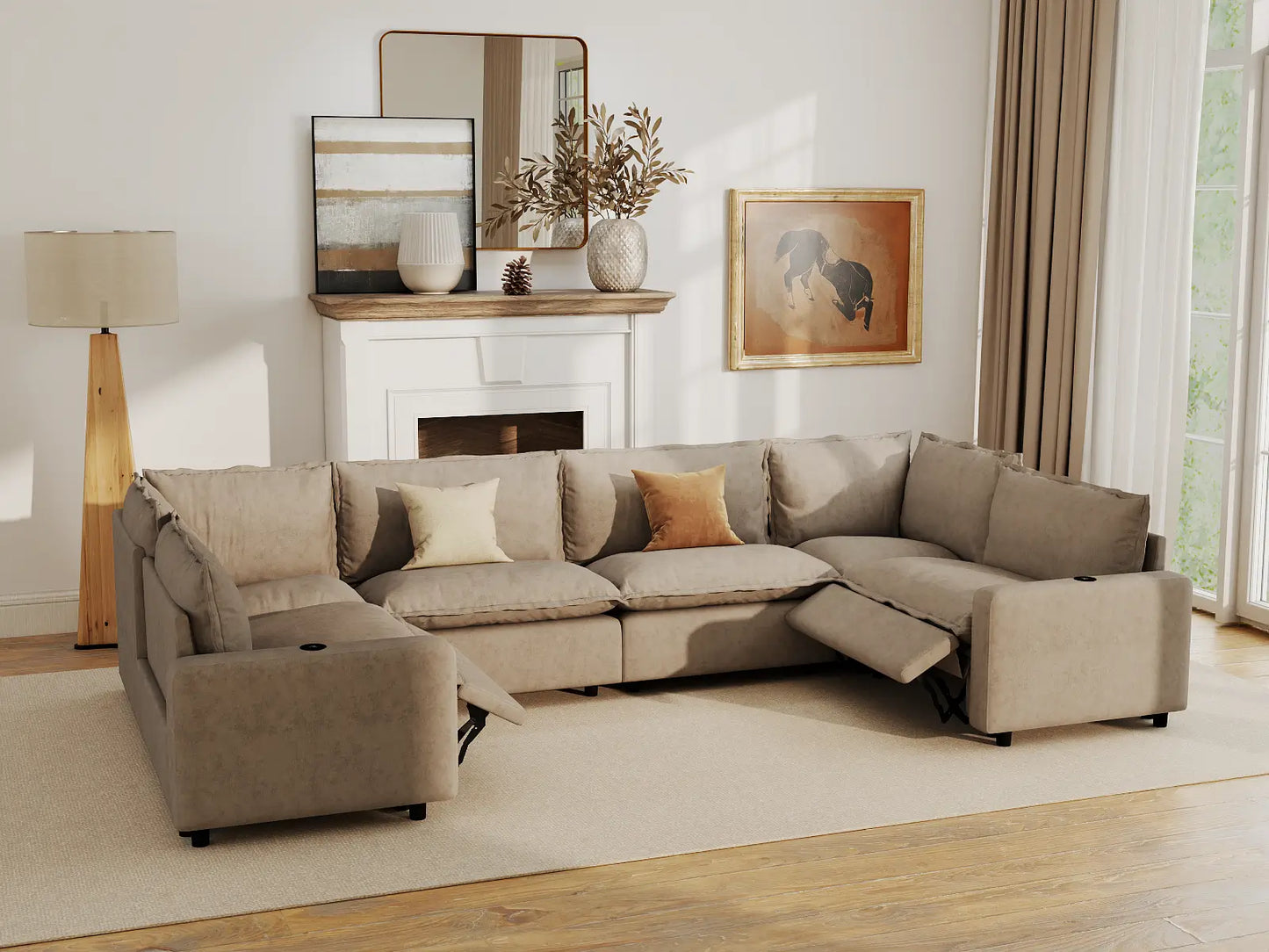 Modular Cero Reclining Sectionals | 6-Piece Khaki Linen Grand Estate U-Shaped Sectionals 6-Seater