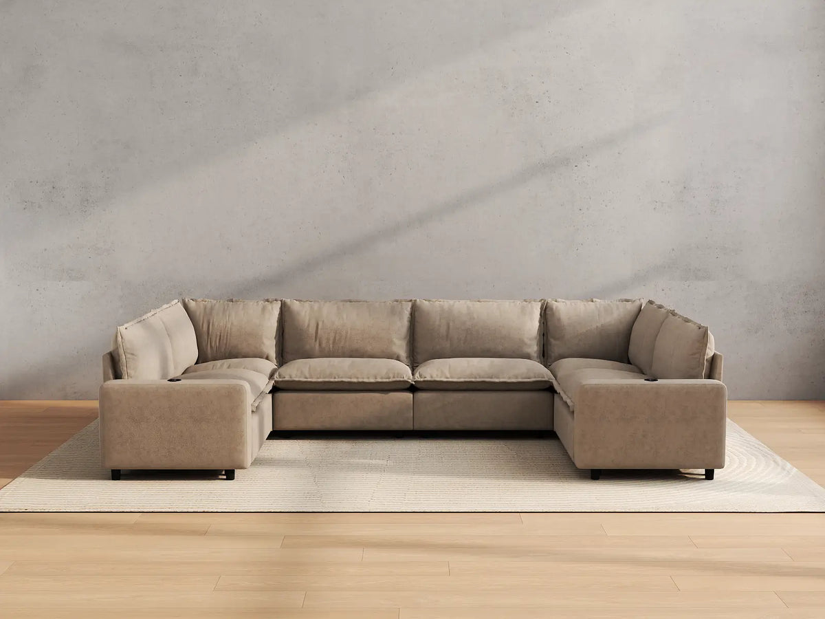 Modular Cero Reclining Sectionals | 6-Piece Khaki Linen Grand Estate U-Shaped Sectionals 6-Seater