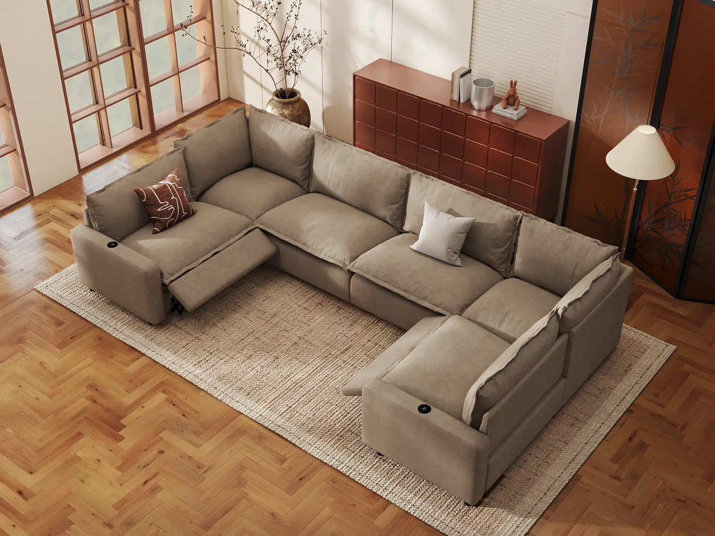 Modular Cero Reclining Sectionals | 6-Piece Khaki Linen Grand Estate U-Shaped Sectionals 6-Seater