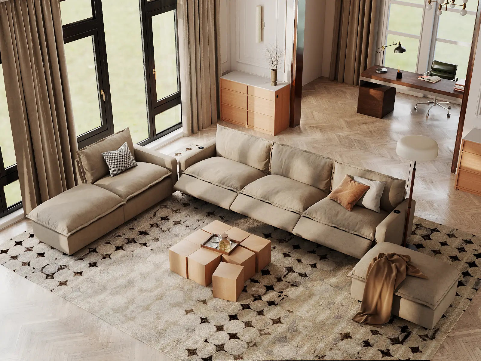 Modular Cero Reclining Sectional with Chaise | 6-Piece Khaki Linen Home Living Corner Sectionals 4-Seater with 2-Ottomans