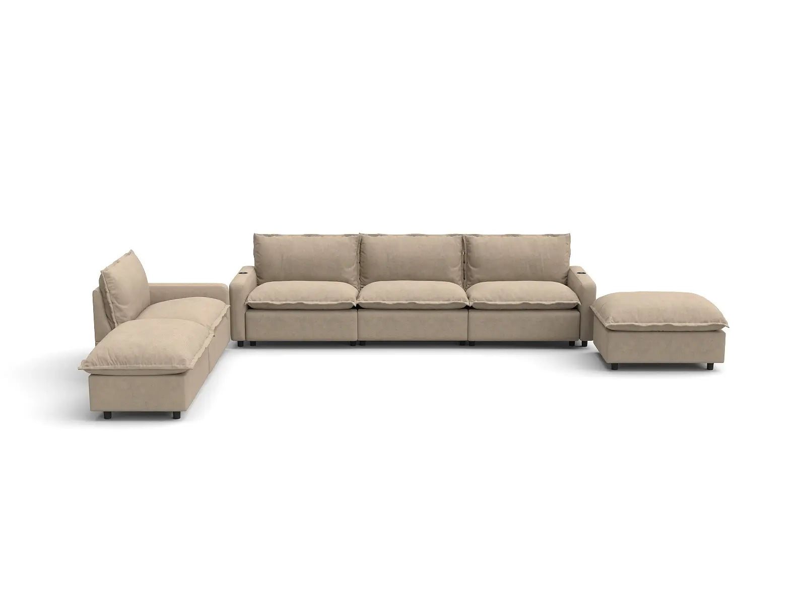 Modular Cero Reclining Sectional with Chaise | 6-Piece Khaki Linen Home Living Corner Sectionals 4-Seater with 2-Ottomans