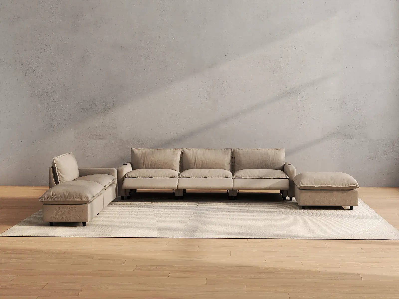 Modular Cero Reclining Sectional with Chaise | 6-Piece Khaki Linen Home Living Corner Sectionals 4-Seater with 2-Ottomans