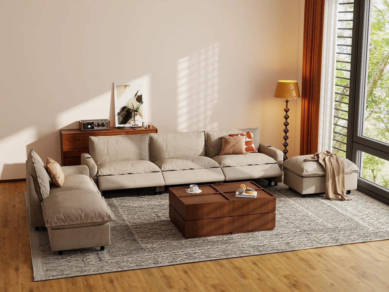 Modular Cero Reclining Sectional with Chaise | 6-Piece Khaki Linen Home Living Corner Sectionals 4-Seater with 2-Ottomans