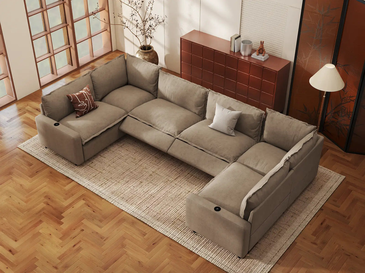 Modular Cero Reclining Sectionals | 6-Piece Khaki Linen Large Space U-Shaped Sectionals 6-Seater