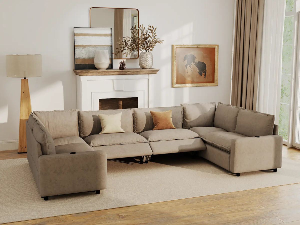 Modular Cero Reclining Sectionals | 6-Piece Khaki Linen Large Space U-Shaped Sectionals 6-Seater