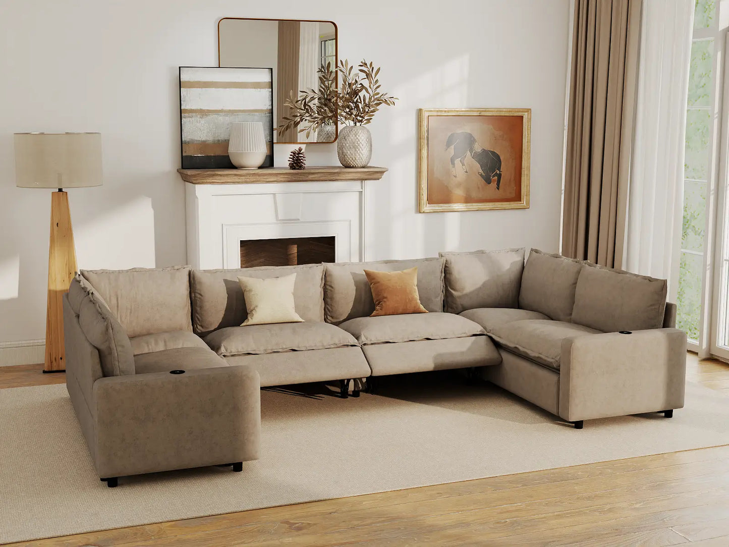 Modular Cero Reclining Sectionals | 6-Piece Khaki Linen Large Space U-Shaped Sectionals 6-Seater