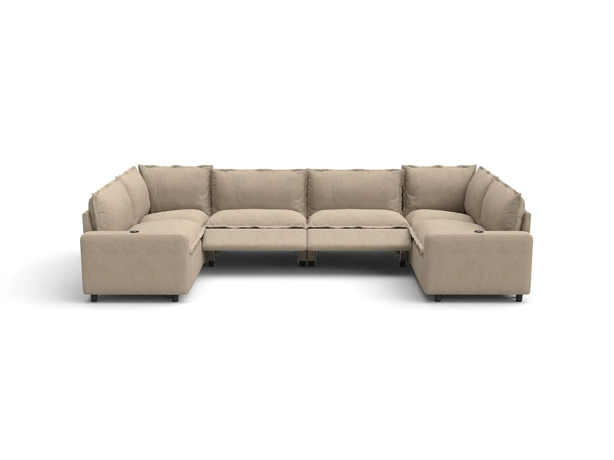 Modular Cero Reclining Sectionals | 6-Piece Khaki Linen Large Space U-Shaped Sectionals 6-Seater