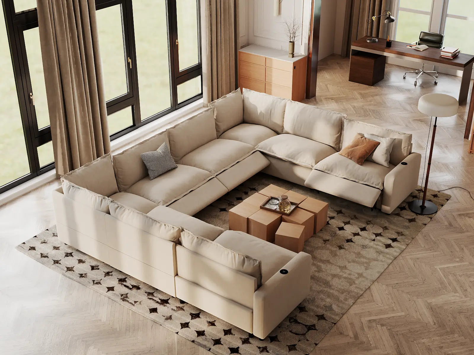 Modular Cero Modern Reclining Sectional | 8-Piece Beige Linen Grand Estate U-Shaped Sectionals 8-Seater