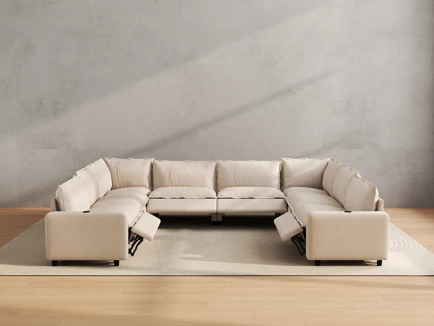 Modular Cero Modern Reclining Sectional | 8-Piece Beige Linen Grand Estate U-Shaped Sectionals 8-Seater