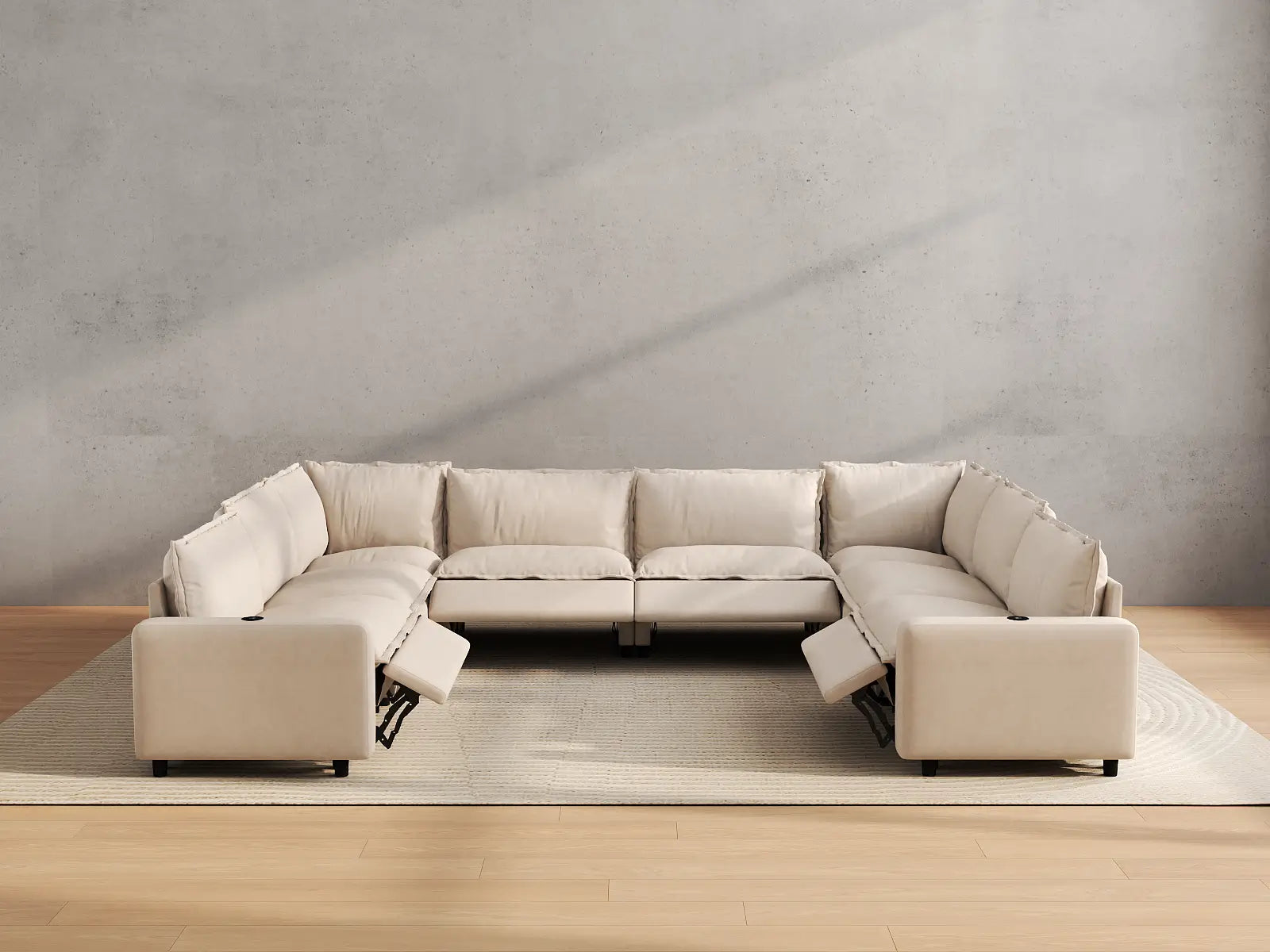Modular Cero Modern Reclining Sectional | 8-Piece Beige Linen Grand Estate U-Shaped Sectionals 8-Seater