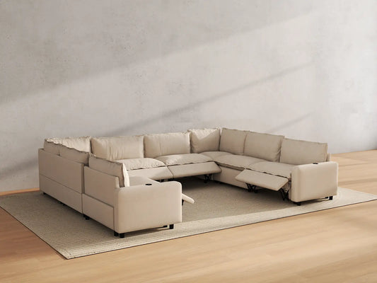 Modular Cero Reclining Sectionals | 8-Piece Beige Linen Grand Estate U-Shaped Sectionals 8-Seater