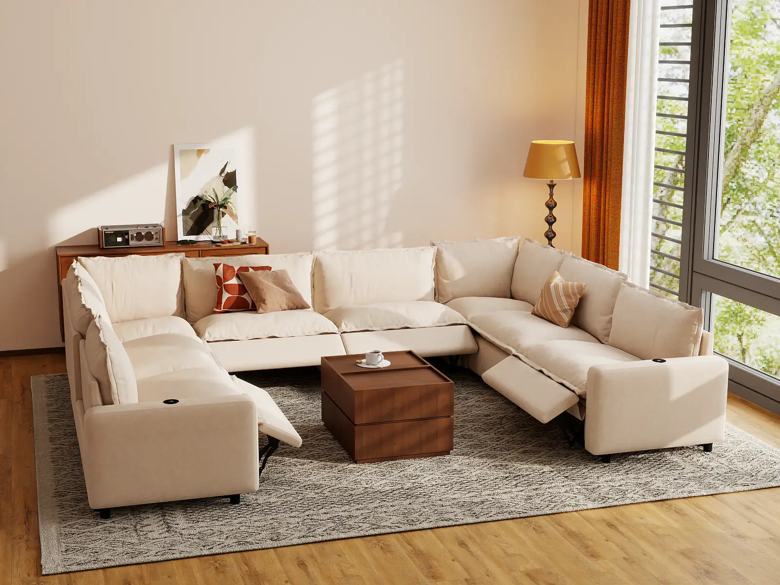 Modular Cero Modern Reclining Sectional | 8-Piece Beige Linen Grand Estate U-Shaped Sectionals 8-Seater