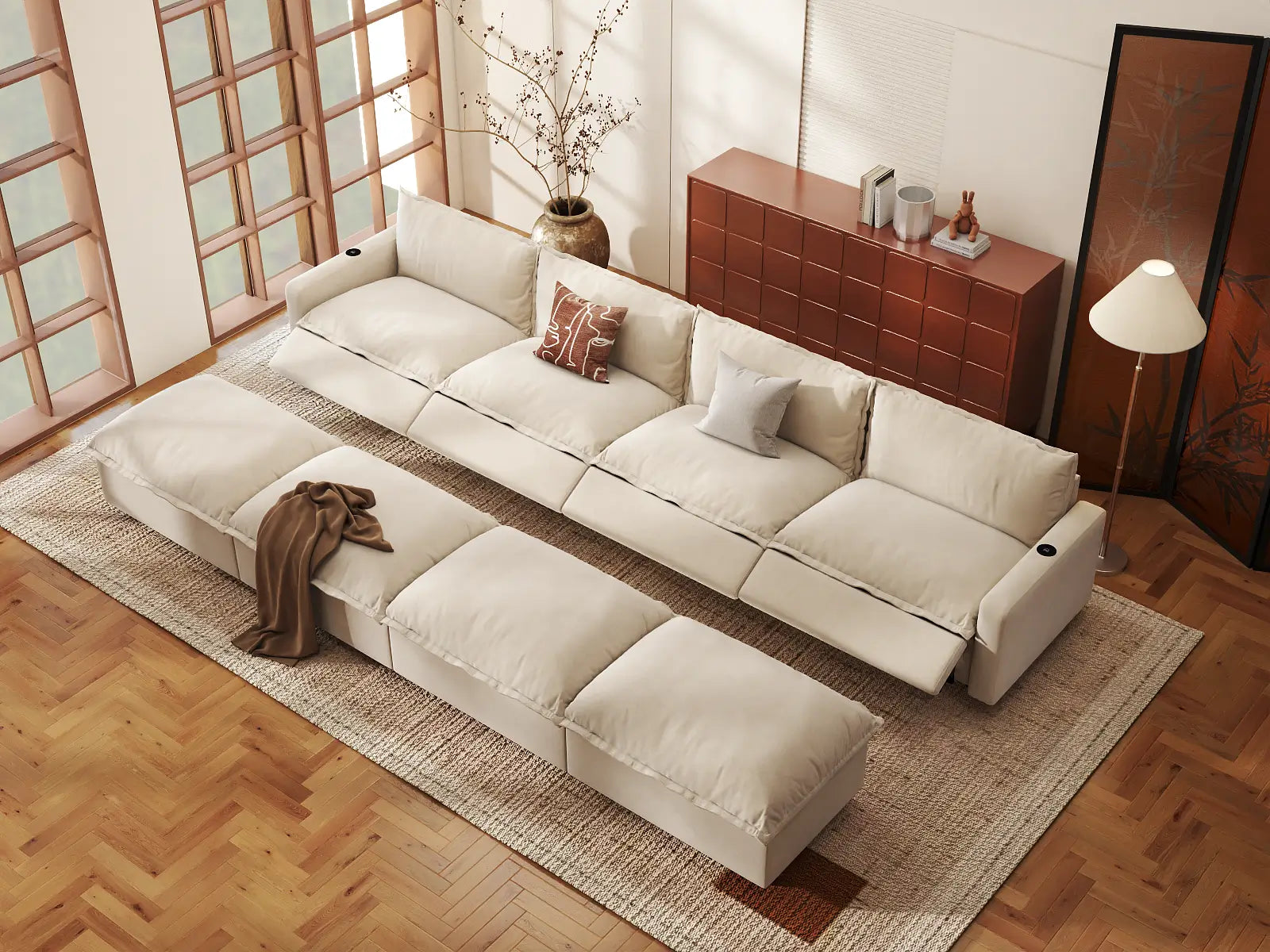 Modular Cero Sectional Recliner with Chaise | 8-Piece Beige Linen Open Plan Pit Sectionals 4-Seater with 4-Ottomans