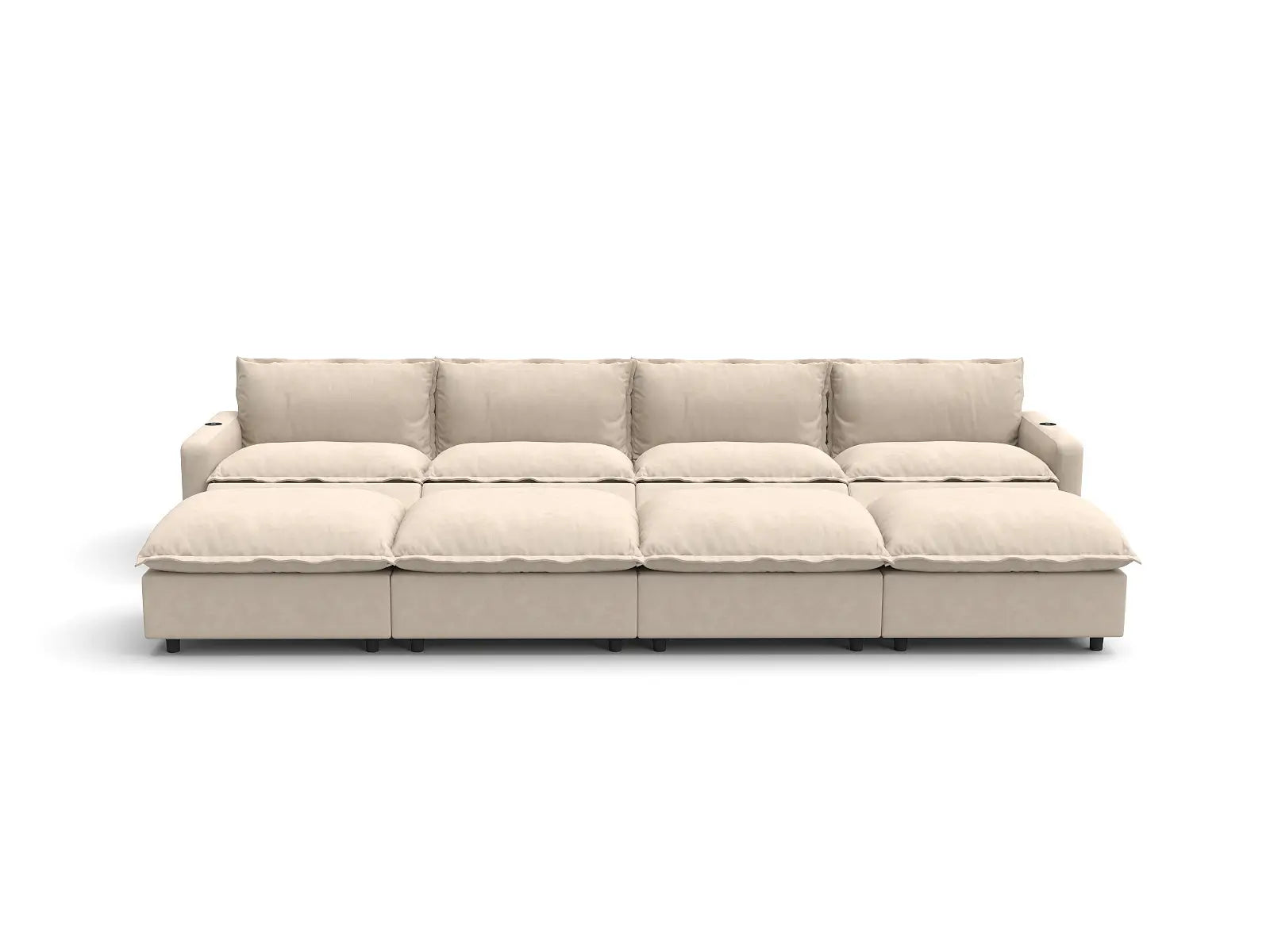 Modular Cero Sectional Recliner with Chaise | 8-Piece Beige Linen Open Plan Pit Sectionals 4-Seater with 4-Ottomans