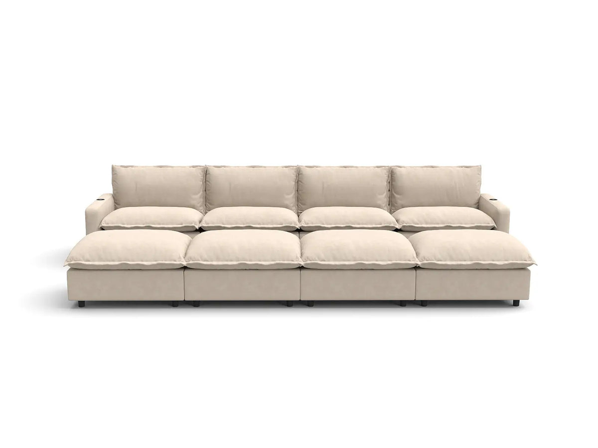 Modular Cero Reclining Sectionals | 8-Piece Beige Linen Open Plan Pit Sectionals 4-Seater with 4-Ottomans
