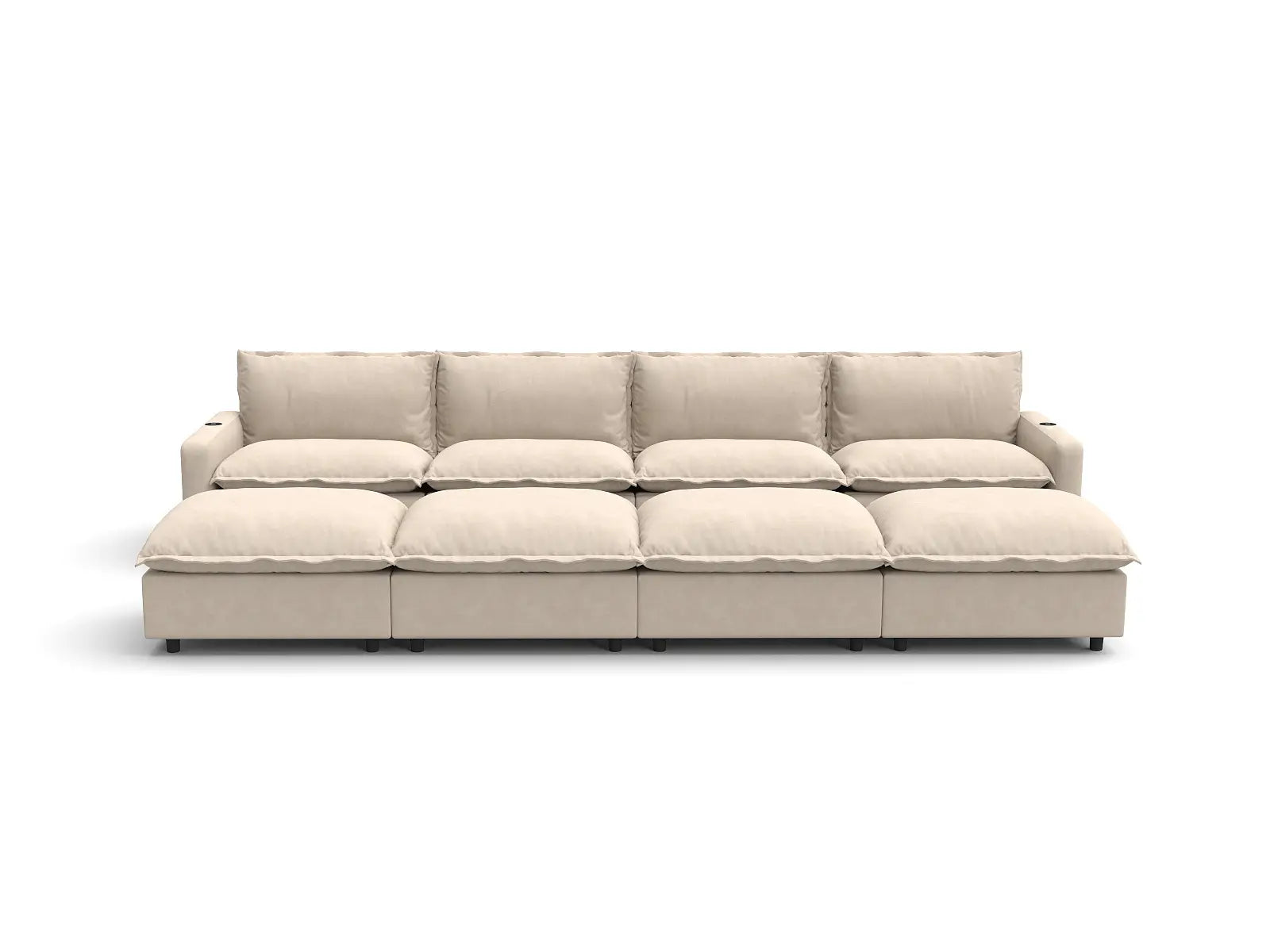 Modular Cero Sectional Recliner with Chaise | 8-Piece Beige Linen Open Plan Pit Sectionals 4-Seater with 4-Ottomans