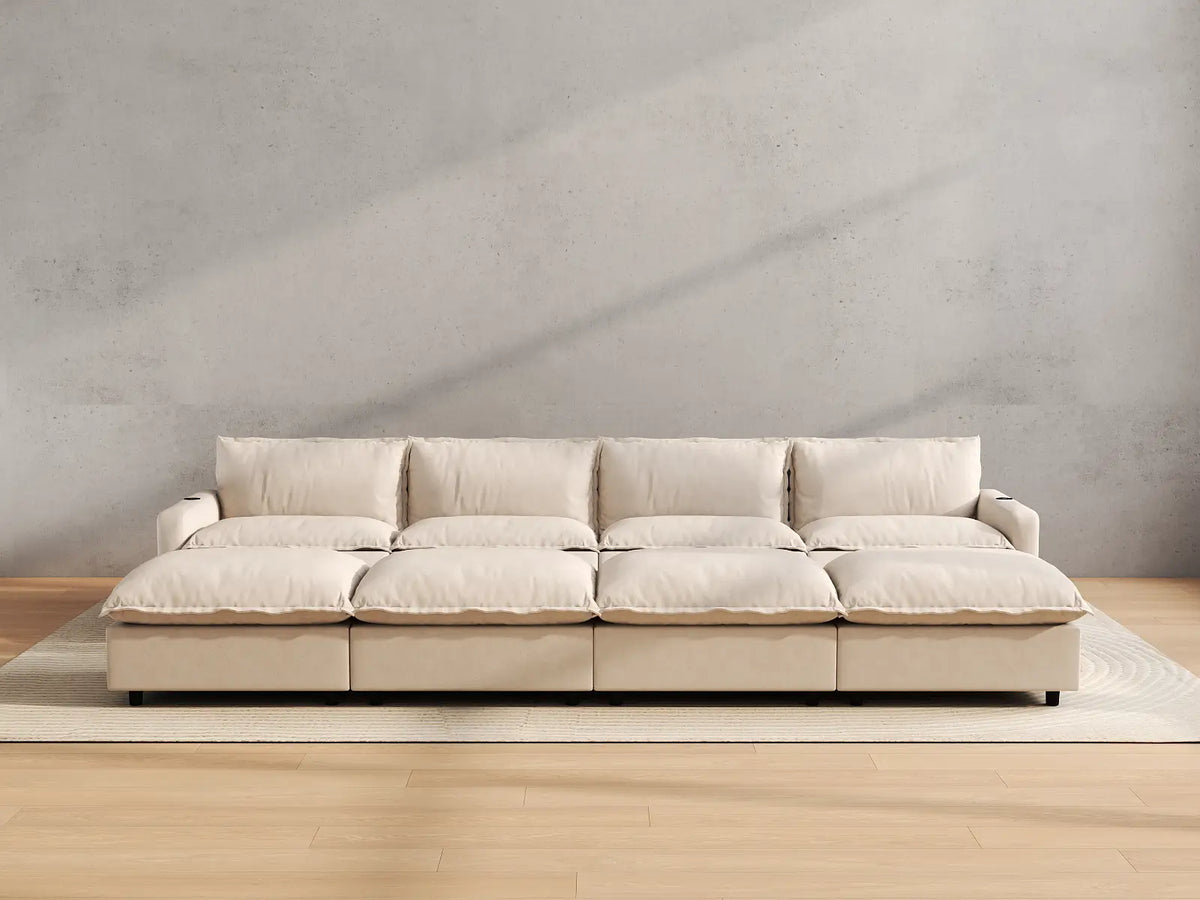 Modular Cero Reclining Sectionals | 8-Piece Beige Linen Open Plan Pit Sectionals 4-Seater with 4-Ottomans