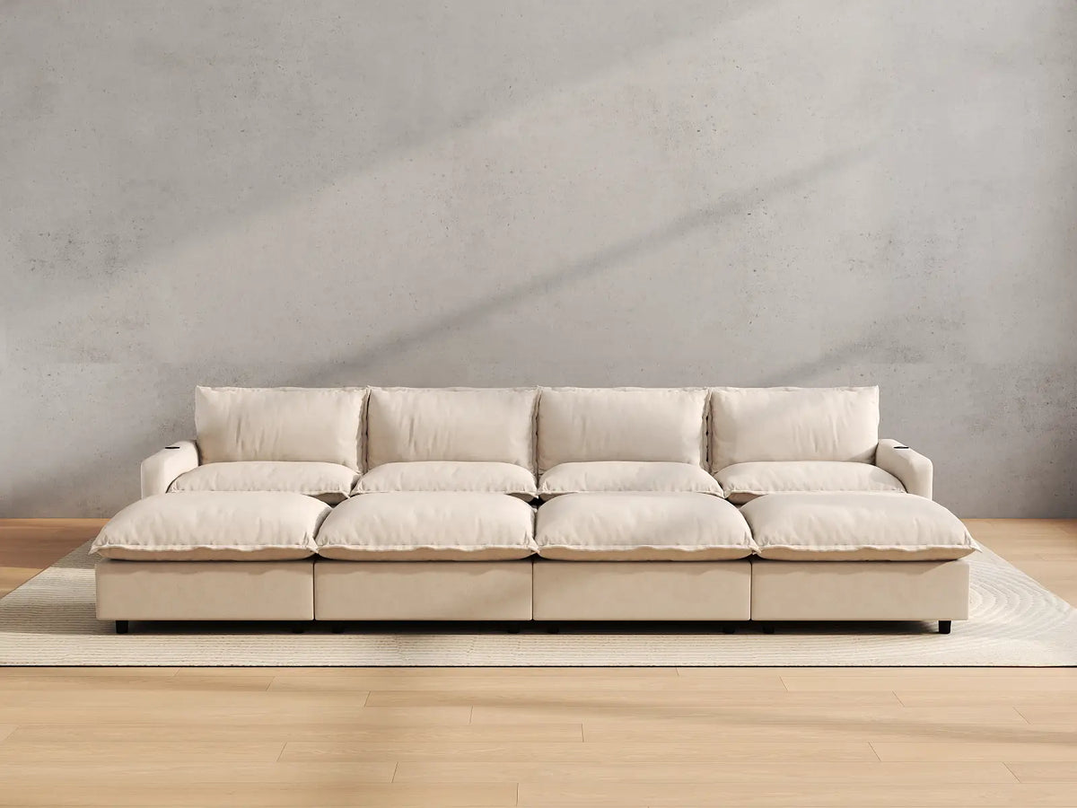 Modular Cero Reclining Sectionals | 8-Piece Beige Linen Open Plan Pit Sectionals 4-Seater with 4-Ottomans