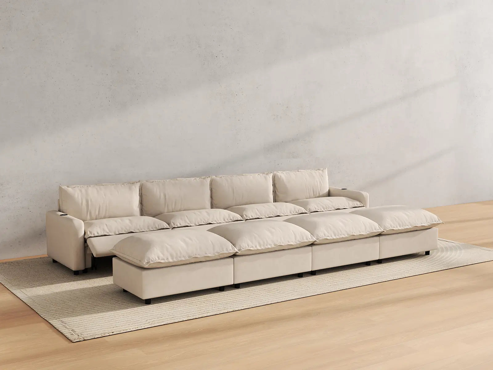 Modular Cero Sectional Recliner with Chaise | 8-Piece Beige Linen Open Plan Pit Sectionals 4-Seater with 4-Ottomans