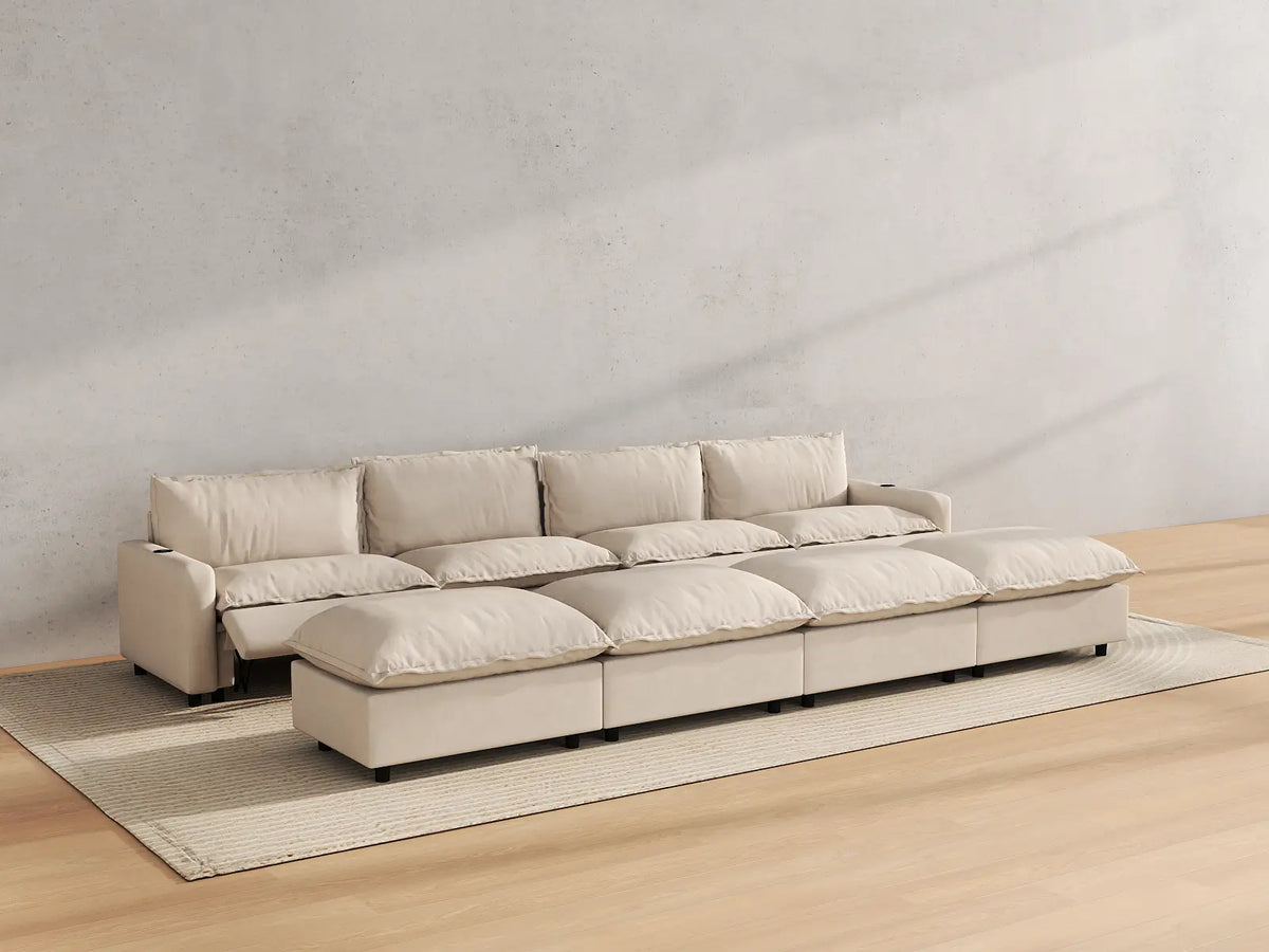 Modular Cero Reclining Sectionals | 8-Piece Beige Linen Open Plan Pit Sectionals 4-Seater with 4-Ottomans