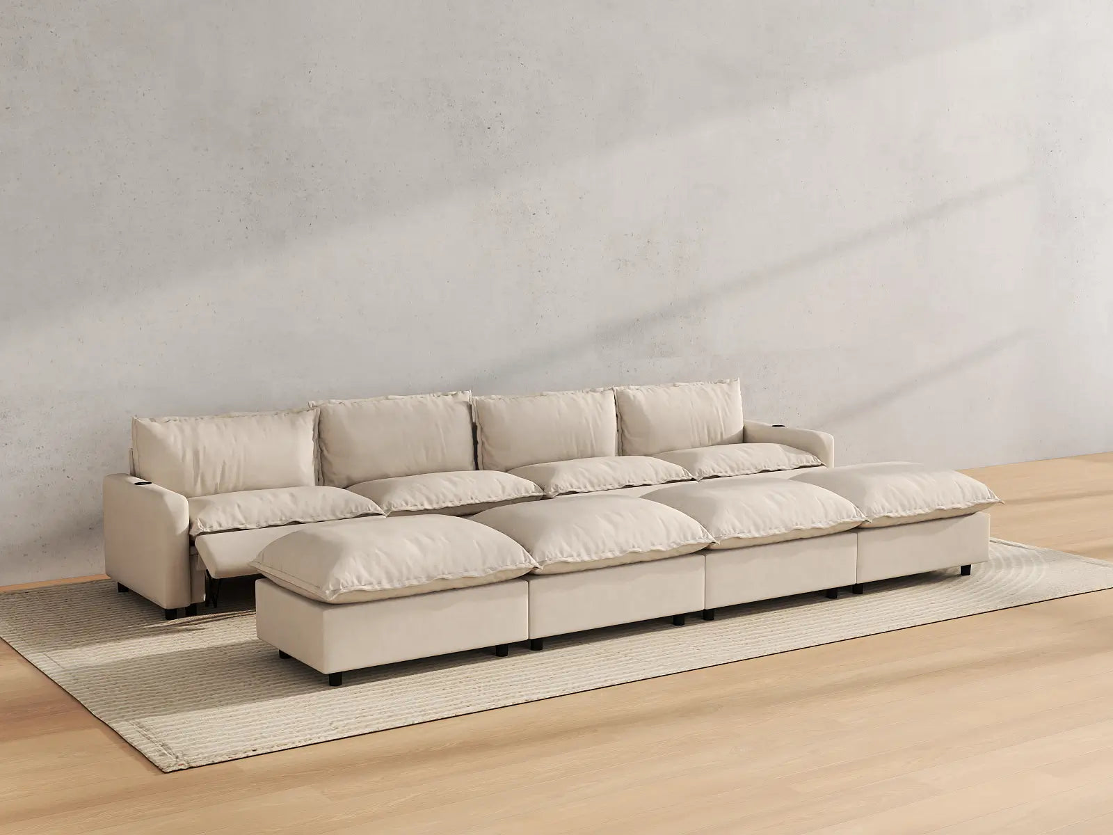 Modular Cero Sectional Sofa Recliner Chaise | 8-Piece Beige Linen Open Plan Pit Sectionals 4-Seater with 4-Ottomans