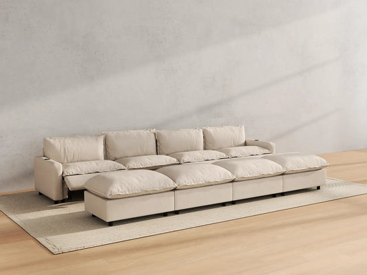 Modular Cero Reclining Sectionals | 8-Piece Beige Linen Open Plan Pit Sectionals 4-Seater with 4-Ottomans