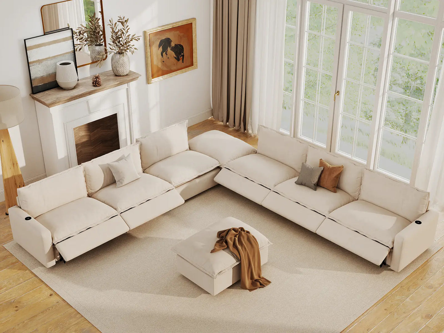 Modular Cero Reclining Sectionals | 8-Piece Beige Linen Open Plan Sofa Sets 6-Seater with 2-Ottomans