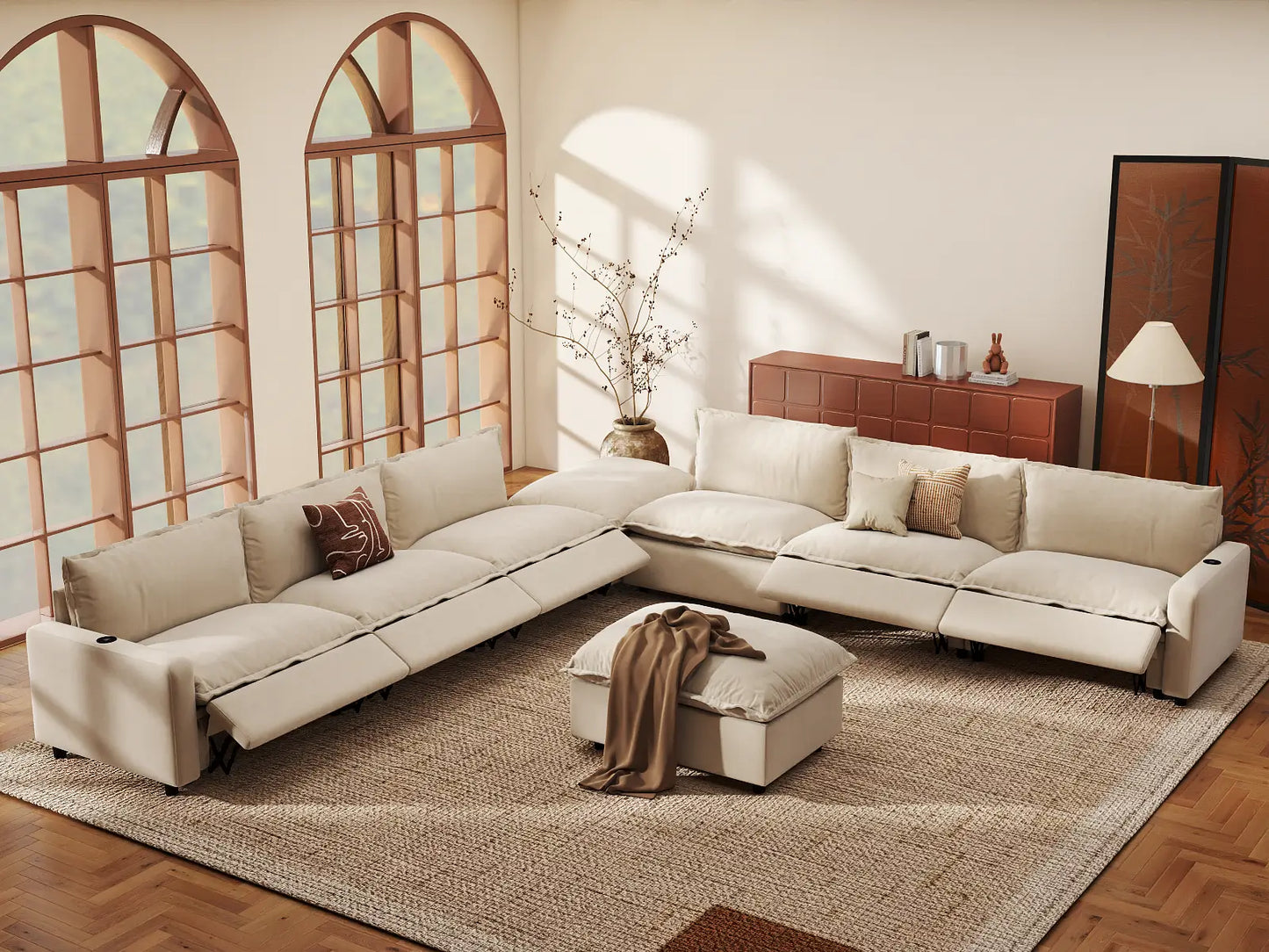 Modular Cero Reclining Sectionals | 8-Piece Beige Linen Open Plan Sofa Sets 6-Seater with 2-Ottomans