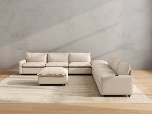 Modular Cero Reclining Sectionals | 8-Piece Beige Linen Open Plan Sofa Sets 6-Seater with 2-Ottomans