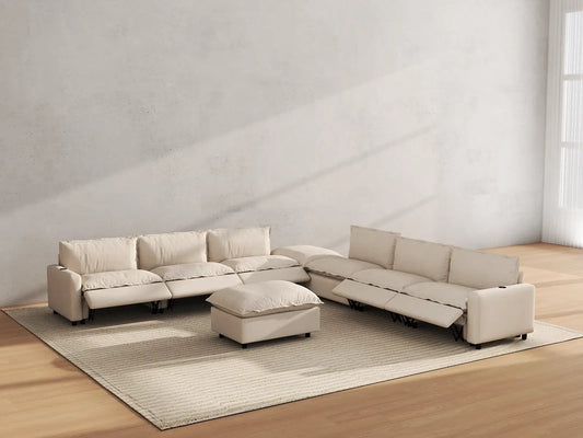 Modular Cero Reclining Sectionals | 8-Piece Beige Linen Open Plan Sofa Sets 6-Seater with 2-Ottomans