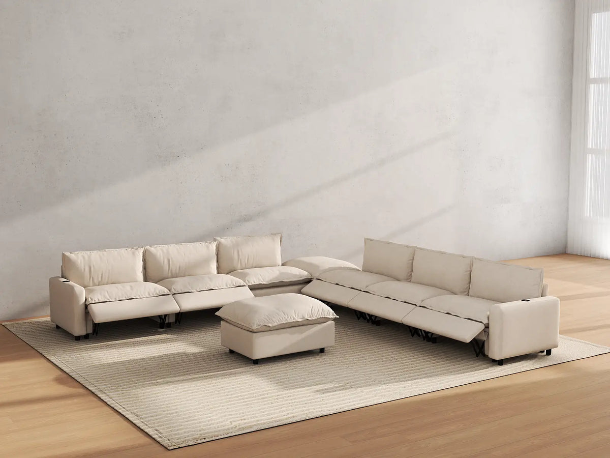 Modular Cero Reclining Sectionals | 8-Piece Beige Linen Open Plan Sofa Sets 6-Seater with 2-Ottomans
